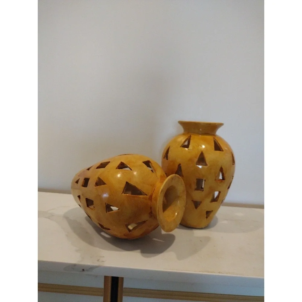 Pair Decorative Perforated Shapes Vase Antique Yellow‎ Resin Oval Shape